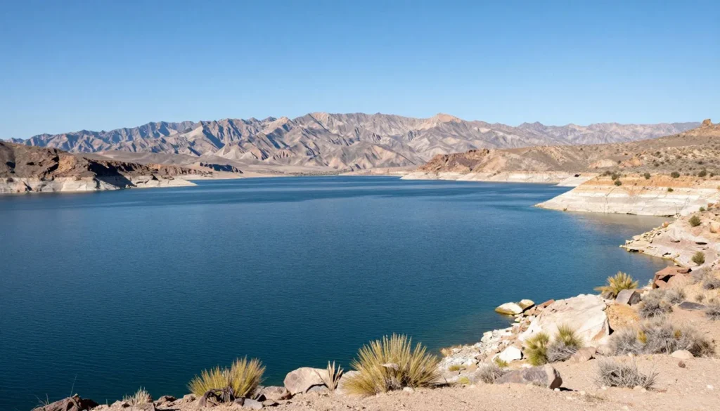 Lake Mead reservoir with desert mountains and clear blue water Lake Mead reservoir with desert mountains and clear blue water