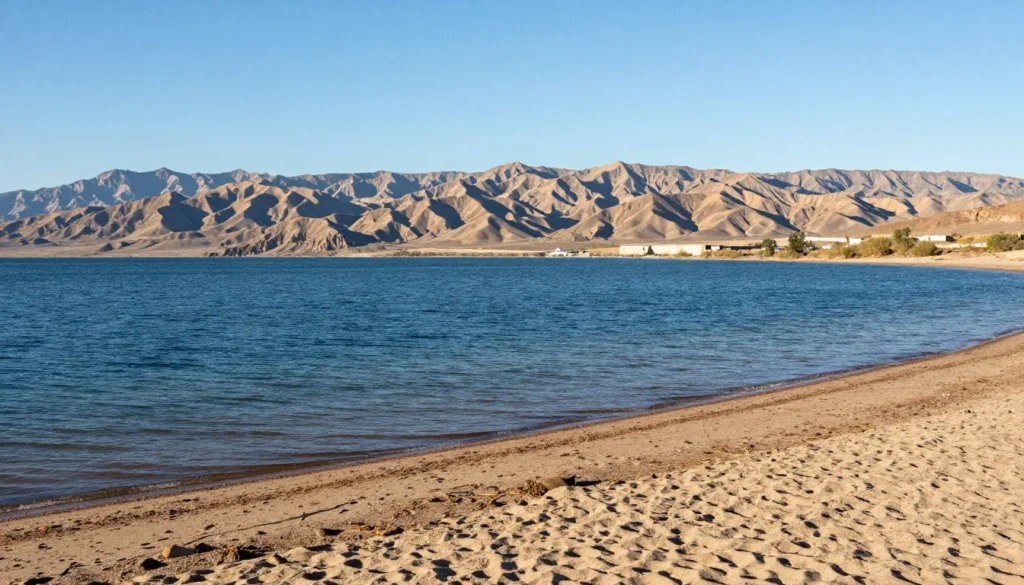 Lake Mead shoreline with desert mountains in background Lake Mead shoreline with desert mountains in background