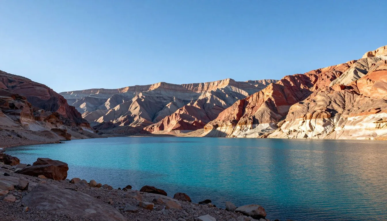 Lake-Mead-turquoise-waters-contrasting-with-red-desert-cliffs-under-clear-blue-sky Lake Mead turquoise waters contrasting with red desert cliffs under clear blue sky