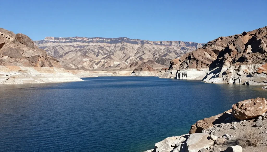 Lake Mead with blue water surrounded by desert mountains and rocky shores