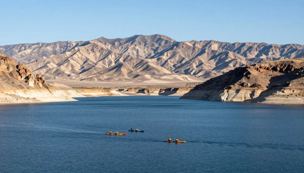 Lake Mead with desert mountains and recreational activities