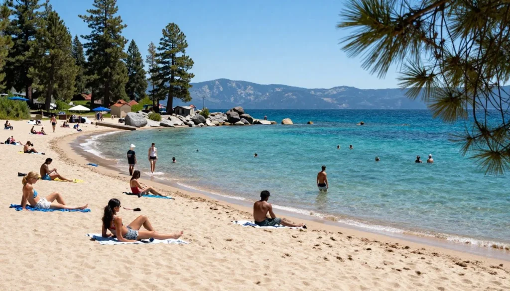 Lake Tahoe East Shore beach with diverse group enjoying summer activities Lake Tahoe East Shore beach with diverse group enjoying summer activities
