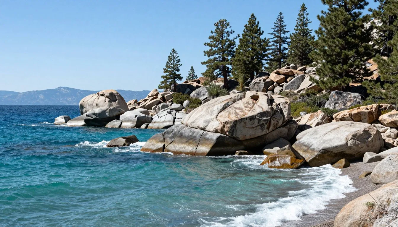 Lake-Tahoe-Nevada-State-Park-crystal-clear-turquoise-waters-with-granite-boulders-and-pine Lake Tahoe Nevada State Park crystal clear turquoise waters with granite boulders and pine forest shoreline