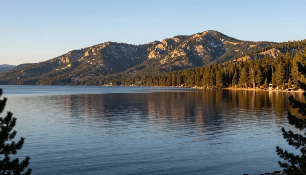 Lake Tahoe Nevada State Park panoramic view of mountain peaks reflecting in calm blue water Lake Tahoe Nevada State Park panoramic view of mountain peaks reflecting in calm blue water