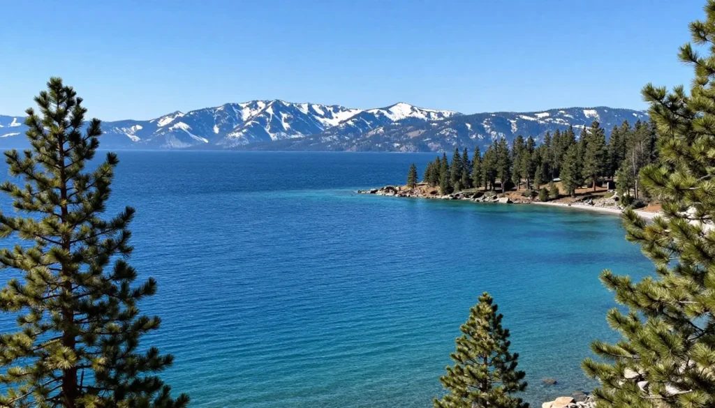 Lake Tahoe scenic view with mountains and blue water
