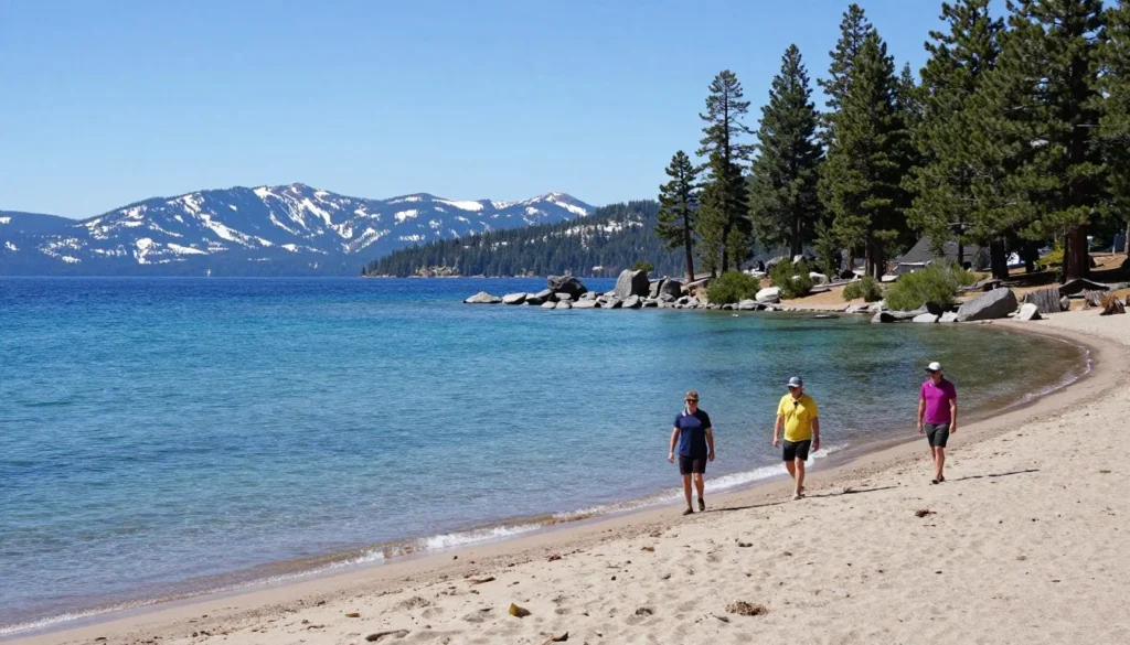 Lake Tahoe shoreline with clear blue water and mountain backdrop