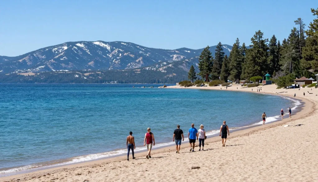 Lake Tahoe shoreline with mountain backdrop Lake Tahoe shoreline with mountain backdrop