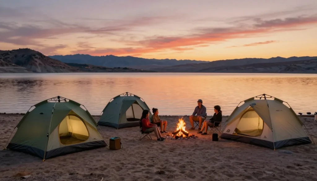 Lakeside camping area with tents set up near Lake Mead's shore at sunset