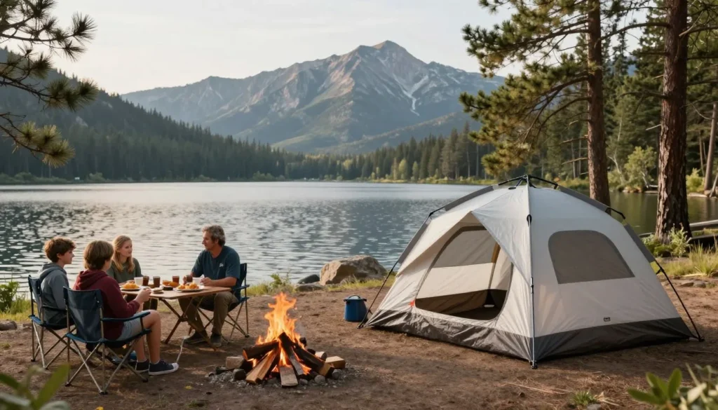 Lakeside campsite at Green Ridge Campground with tent, campfire, and mountain views at Shadow Mountain Lake