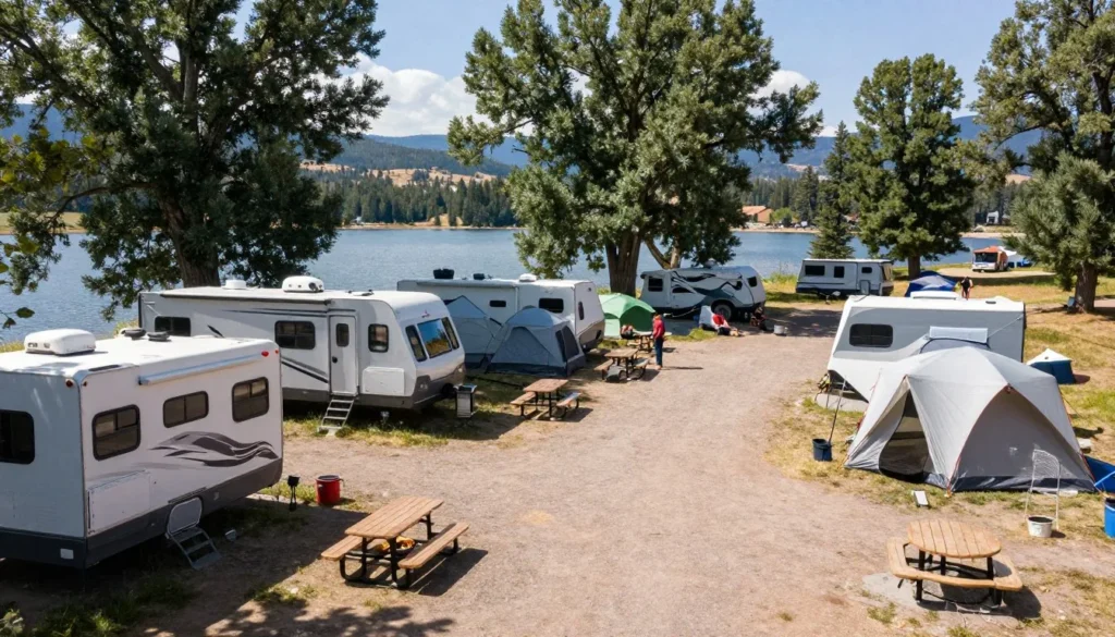 Lathrop State Park camping area with tents and RVs near lake