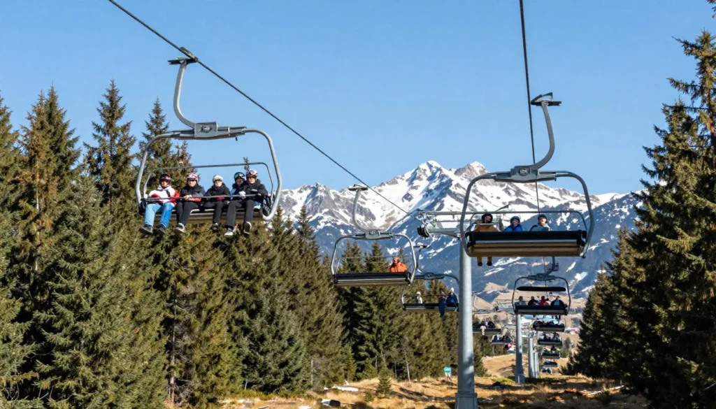 Lee Canyon ski lift carrying passengers up mountain with forest views