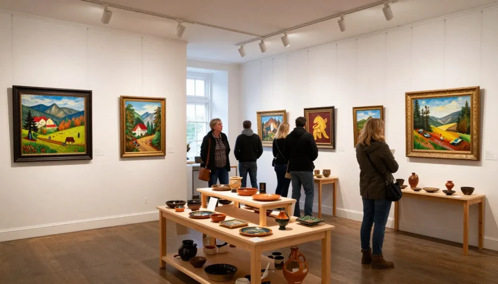 Local art gallery in Bristol displaying Appalachian folk art and pottery