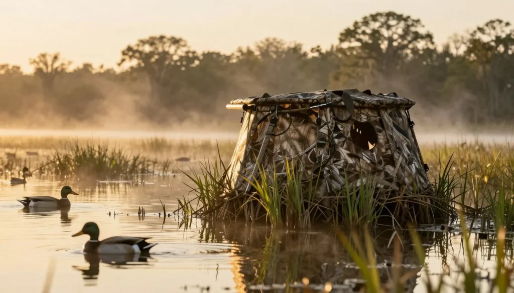 Louisiana marsh hunting setup with decoys at sunrise Louisiana marsh hunting setup with decoys at sunrise