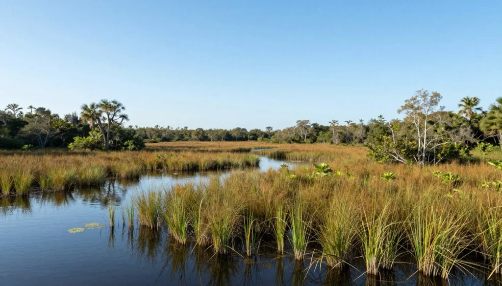 Louisiana wetlands landscape with marsh grasses and calm water Louisiana wetlands landscape with marsh grasses and calm water