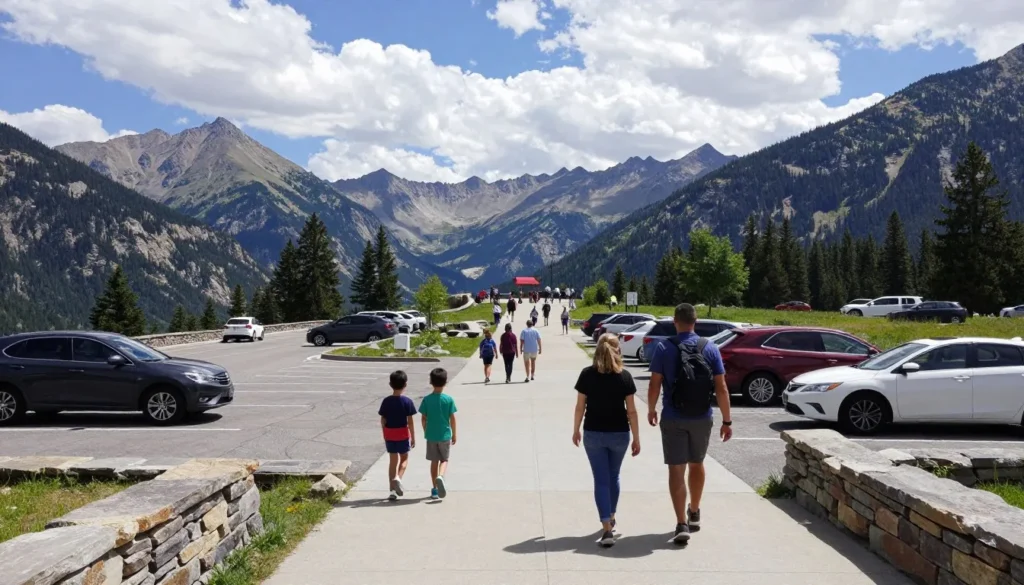 Loveland Pass parking area with mountain backdrop Loveland Pass parking area with mountain backdrop