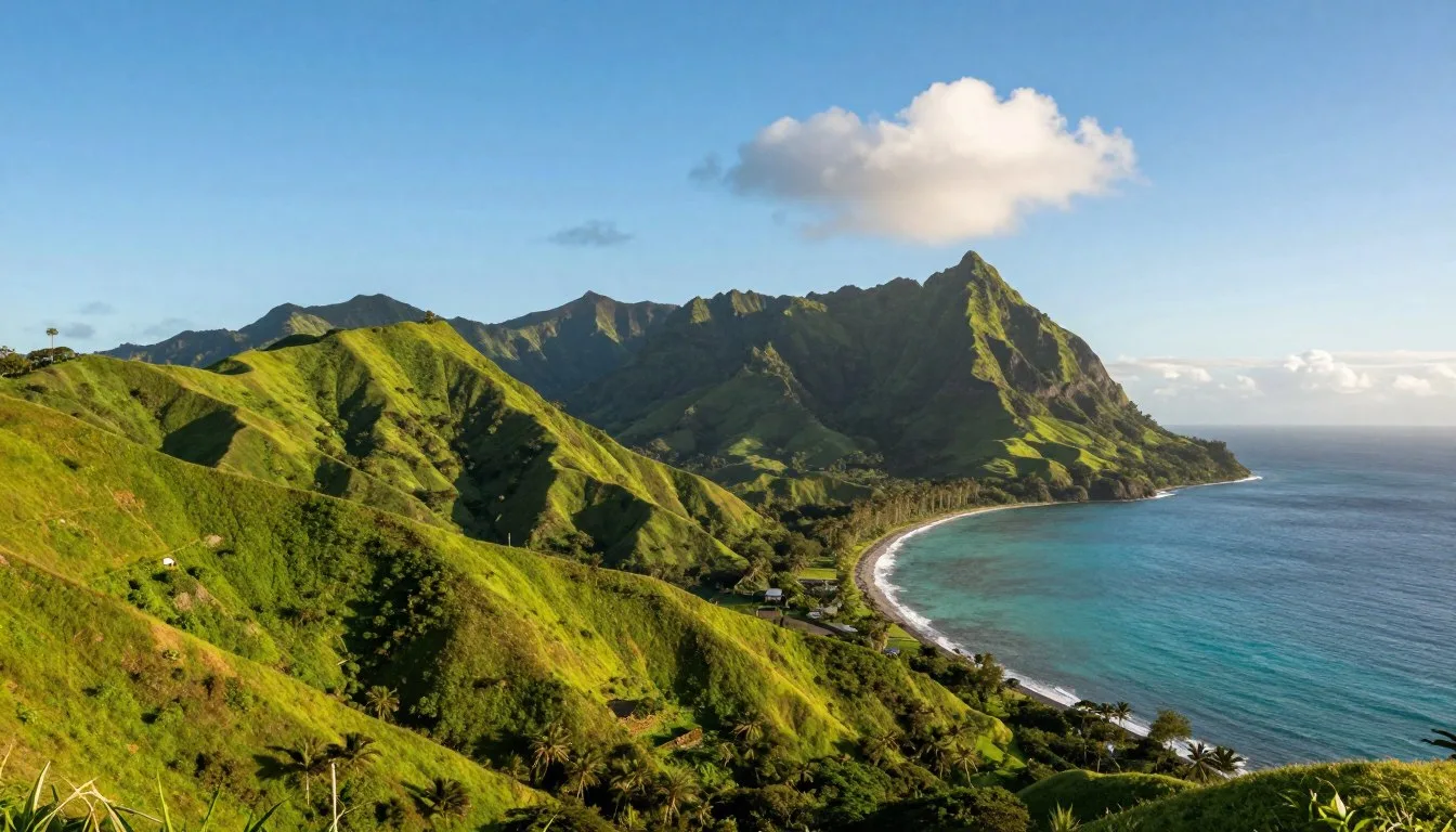 Lush green hills and coastline of Montserrat with volcanic peaks in background