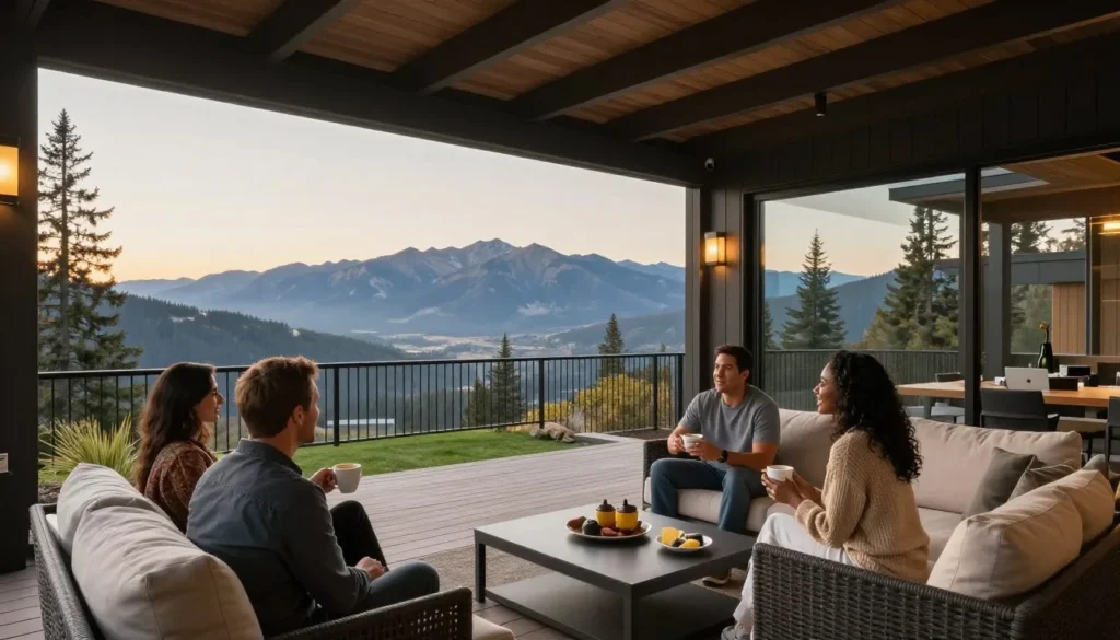 Luxury mountain home deck with diverse couple enjoying sunrise views