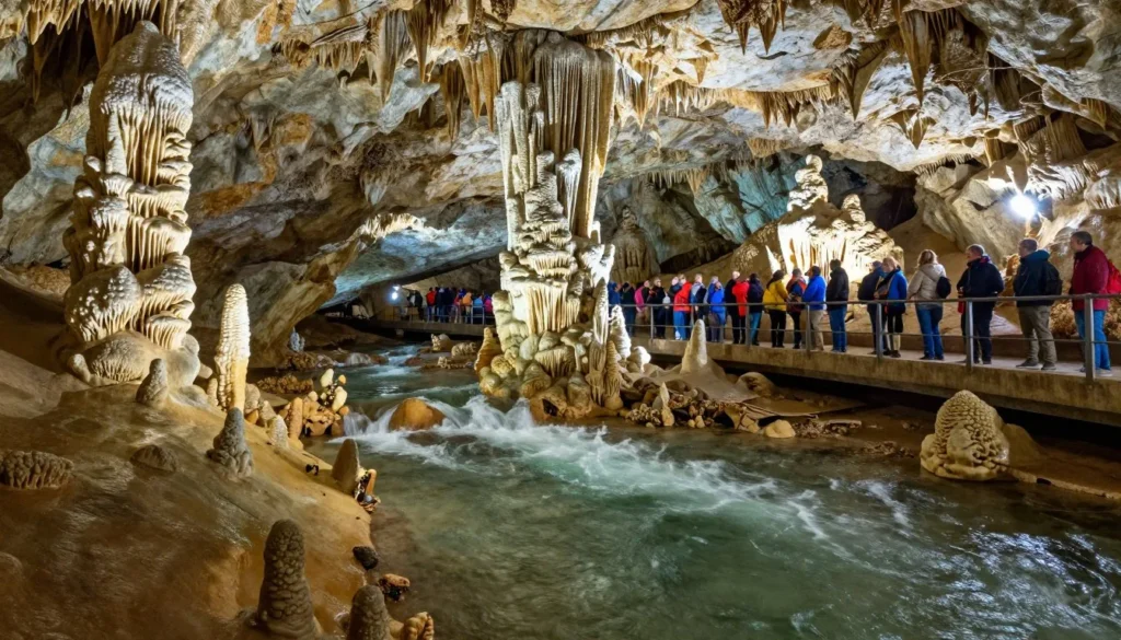 Magnificent underground river flowing through Bristol Caverns with illuminated rock formations