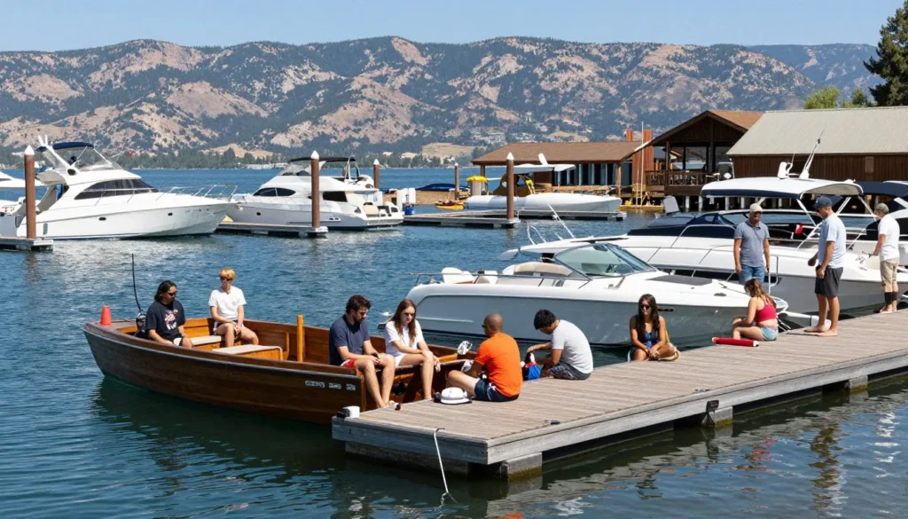 Marina dock at Lake Granby with diverse group of tourists preparing boats on sunny day Marina dock at Lake Granby with diverse group of tourists preparing boats on sunny day