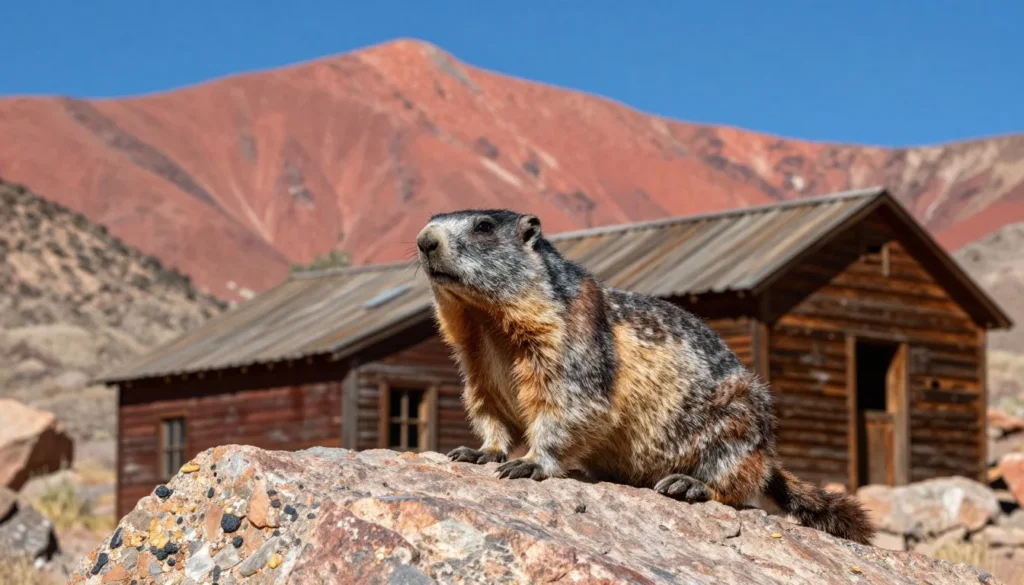 Marmot sitting on rocks near abandoned mining structure at Red Mountain with mountain peaks in the background on a sunny day