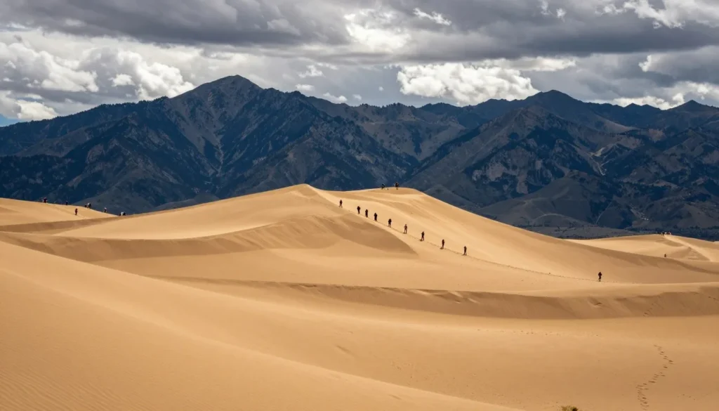 Massive sand dunes with mountain range in background at Great Sand Dunes National Park Massive sand dunes with mountain range in background at Great Sand Dunes National Park