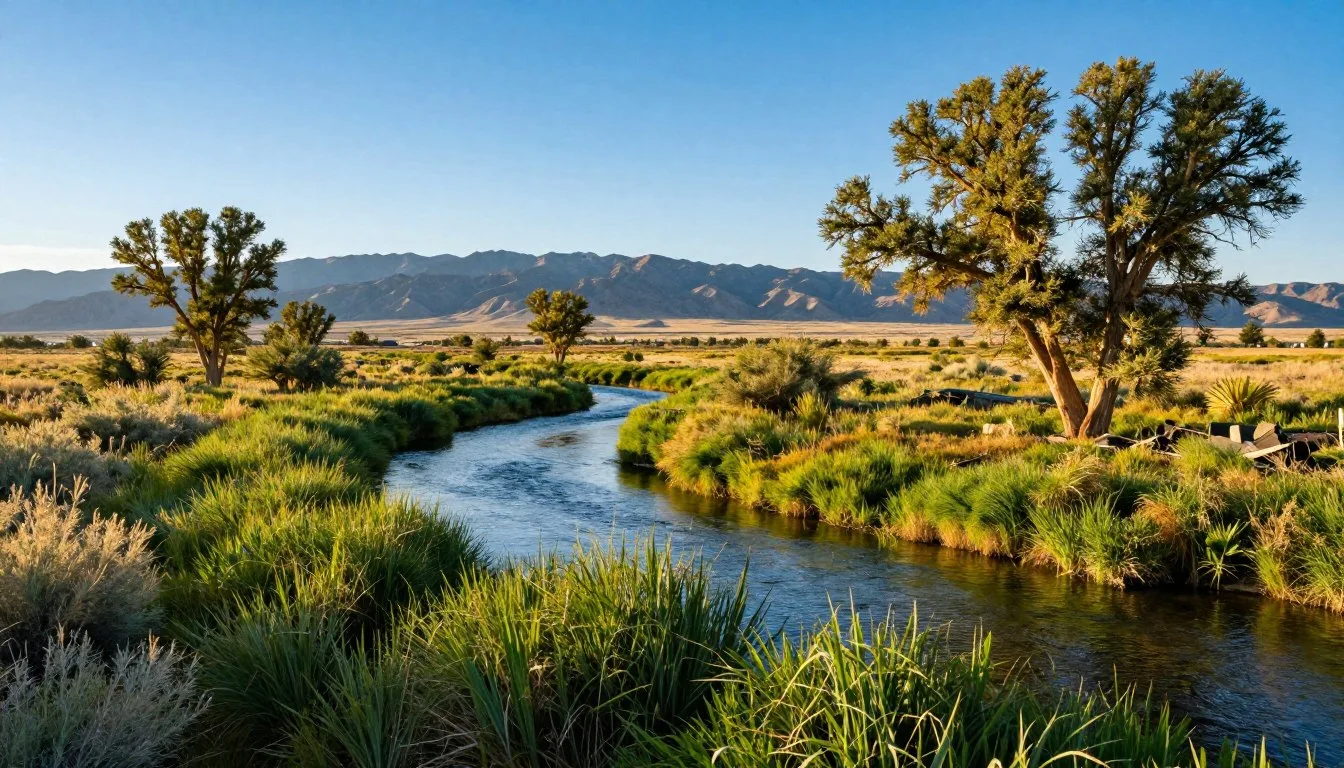 McCarran-Ranch-Preserve-Nevada-with-natural-wetlands-along-the-Truckee-River-under-clear-blue McCarran Ranch Preserve Nevada with natural wetlands along the Truckee River under clear blue sky