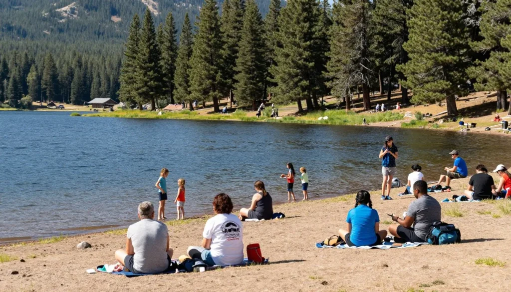 McPhee Reservoir during summer season with families enjoying outdoor activities