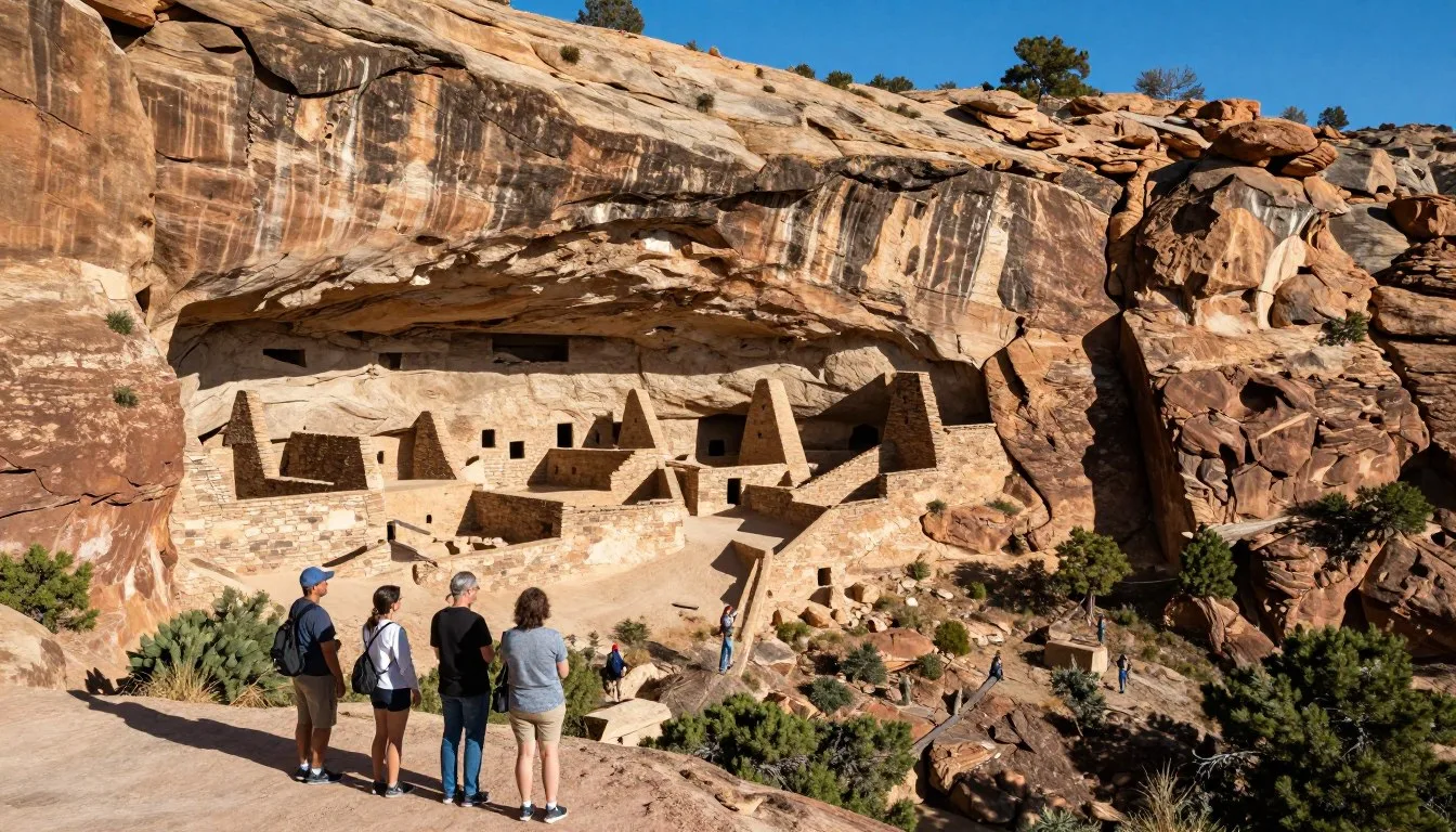 Mesa Verde Cliff Dwellings nestled in sandstone alcove under bright blue Colorado sky