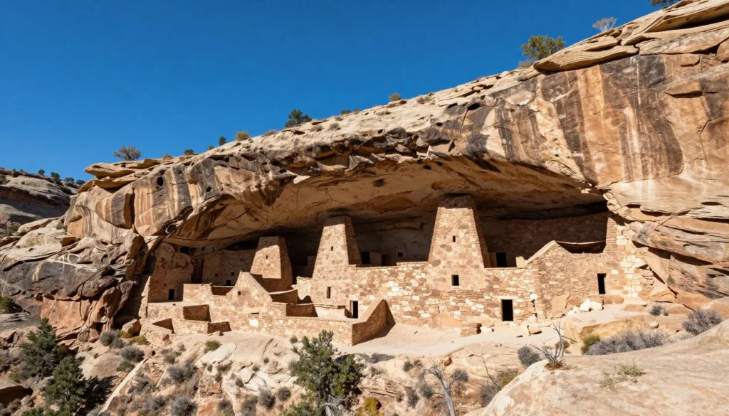 Mesa Verde cliff dwelling viewed from canyon floor showing multi-story ancient structures built into cliff face Mesa Verde cliff dwelling viewed from canyon floor showing multi-story ancient structures built into cliff face