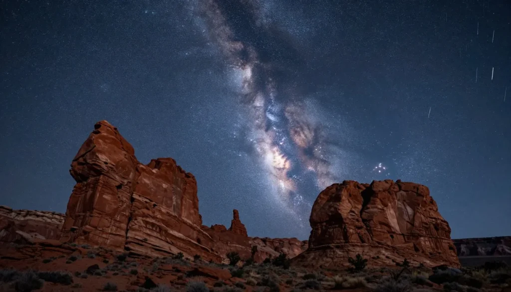 Milky Way over Indian Creek Utah red rock landscape at night Milky Way over Indian Creek Utah red rock landscape at night