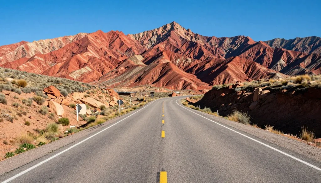 Million Dollar Highway winding through Red Mountain Pass with dramatic mountain scenery and red peaks visible in the distance under clear blue skies
