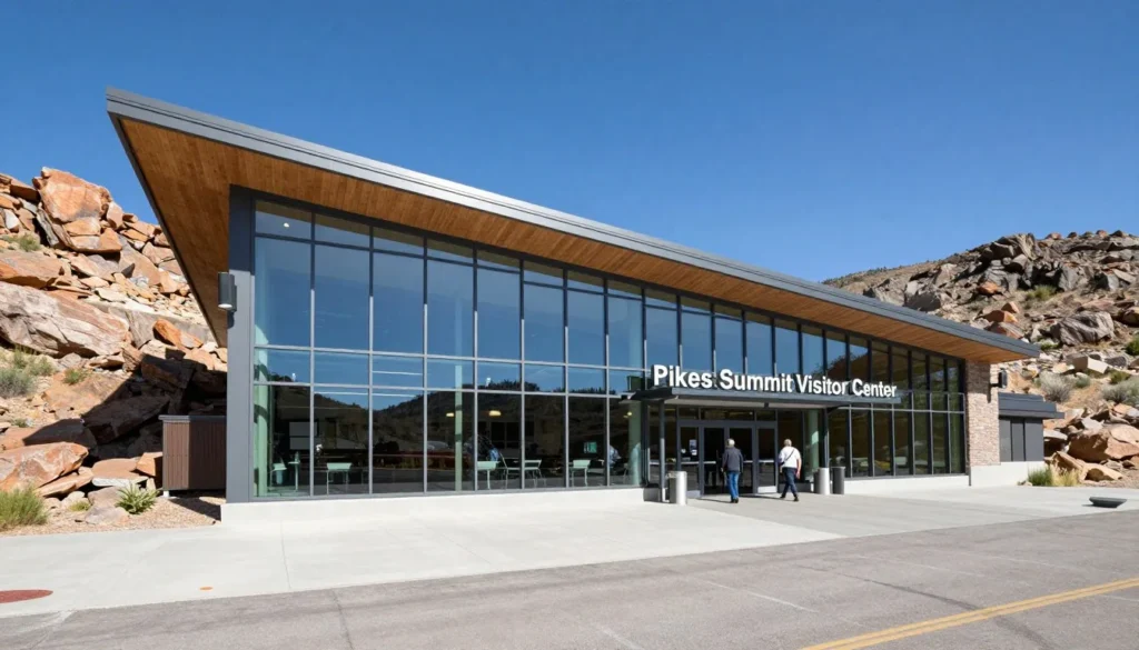 Modern Pikes Peak Summit Visitor Center with large glass windows overlooking Colorado landscape on a clear day Modern Pikes Peak Summit Visitor Center with large glass windows overlooking Colorado landscape on a clear day