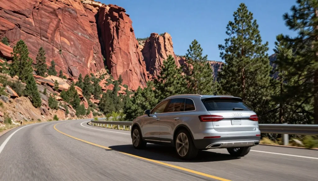 Modern SUV driving on paved mountain highway with dramatic cliff faces and pine forests Modern SUV driving on paved mountain highway with dramatic cliff faces and pine forests