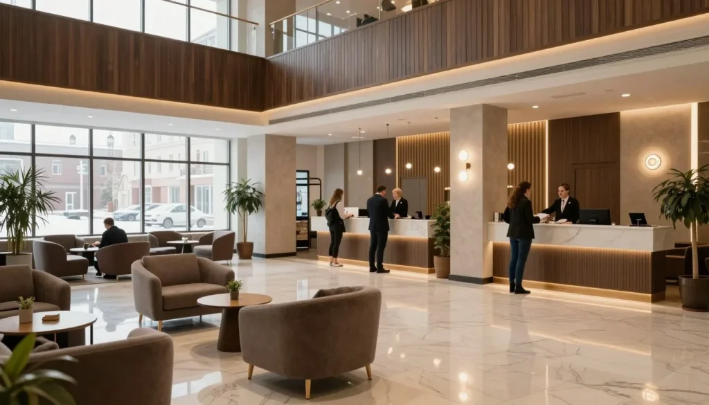 Modern hotel lobby in Izhevsk with contemporary design and comfortable seating Modern hotel lobby in Izhevsk with contemporary design and comfortable seating