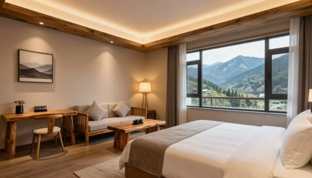 Modern hotel room interior with mountain view through large windows Modern hotel room interior with mountain view through large windows