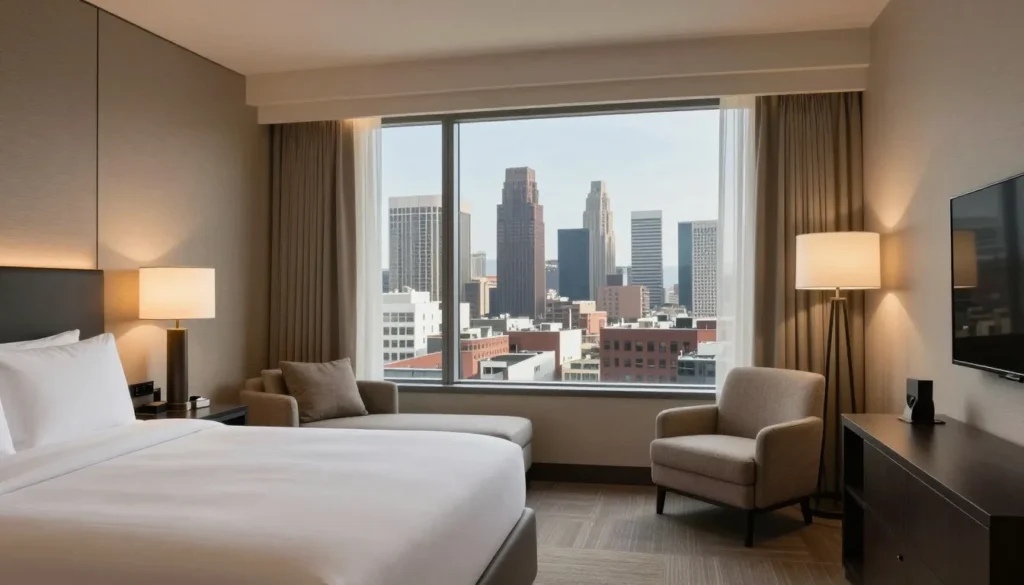 Modern hotel room with view of downtown Los Angeles skyline Modern hotel room with view of downtown Los Angeles skyline