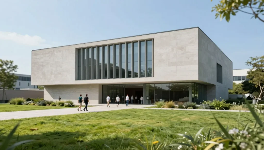 Modern museum building exterior with landscaped grounds
