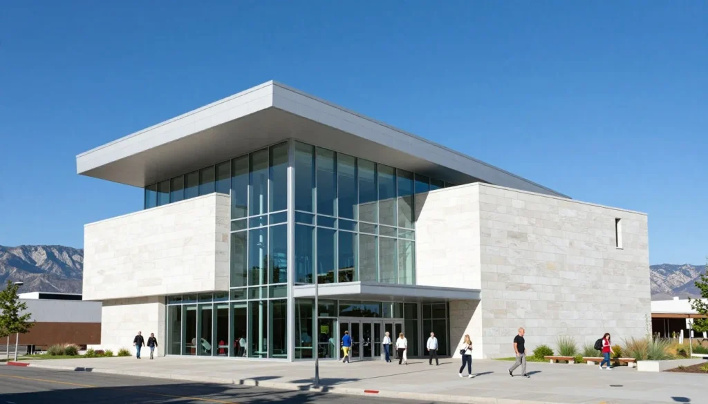 Modern museum exterior in Salt Lake City with mountain backdrop Modern museum exterior in Salt Lake City with mountain backdrop