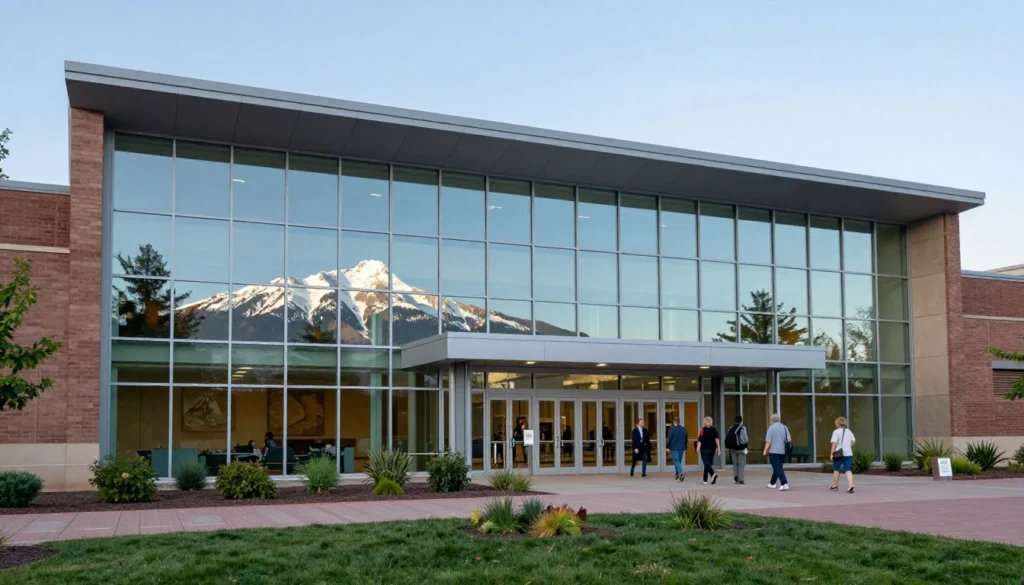 Modern museum exterior with mountain views and visitors entering building Modern museum exterior with mountain views and visitors entering building