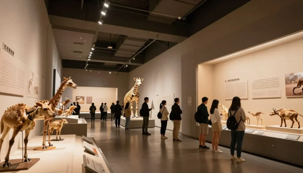 Modern museum interior with natural history exhibits featuring diverse visitors viewing educational displays Modern museum interior with natural history exhibits featuring diverse visitors viewing educational displays