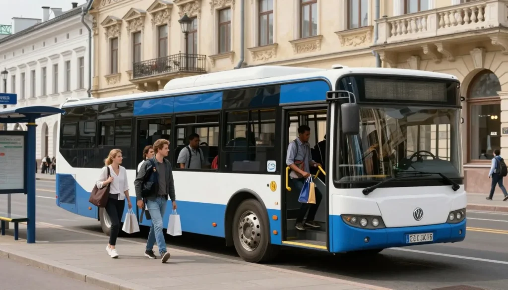 Modern public bus at historic Tver city street with passengers boarding