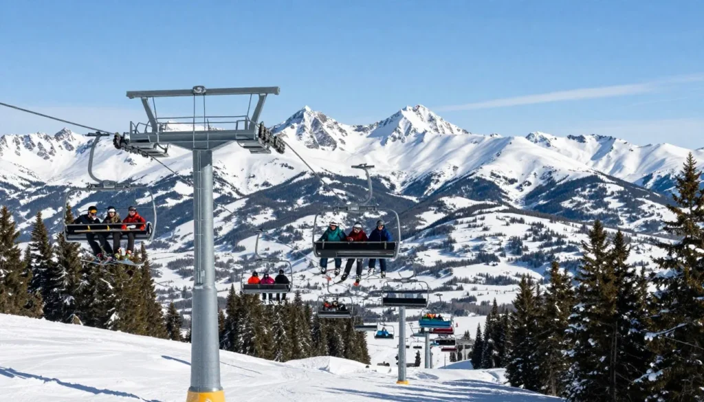 Modern ski lift carrying skiers up Mary Jane mountain with panoramic Rocky Mountain views Modern ski lift carrying skiers up Mary Jane mountain with panoramic Rocky Mountain views