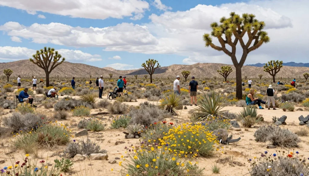 Mojave Desert Nevada during spring bloom with wildflowers and comfortable weather