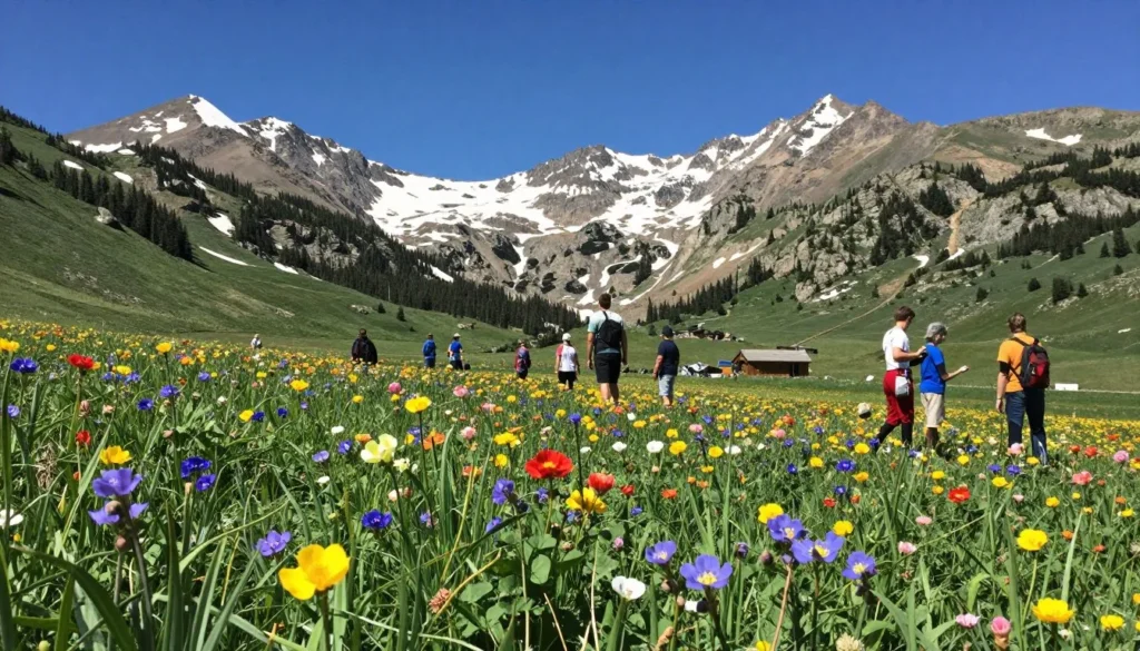 Monarch Pass Colorado summer wildflowers with mountain peaks