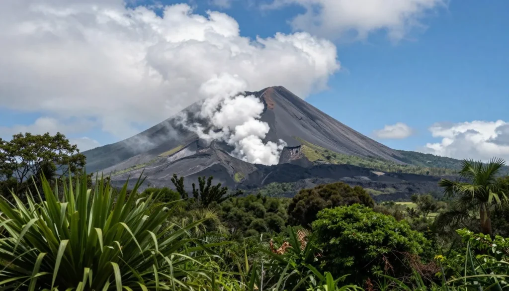 Montserrat Soufriere Hills volcano with steam rising from active crater