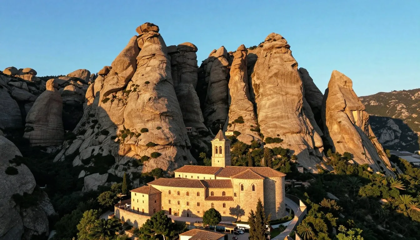 Montserrat mountain monastery complex with dramatic rock formations in golden afternoon light