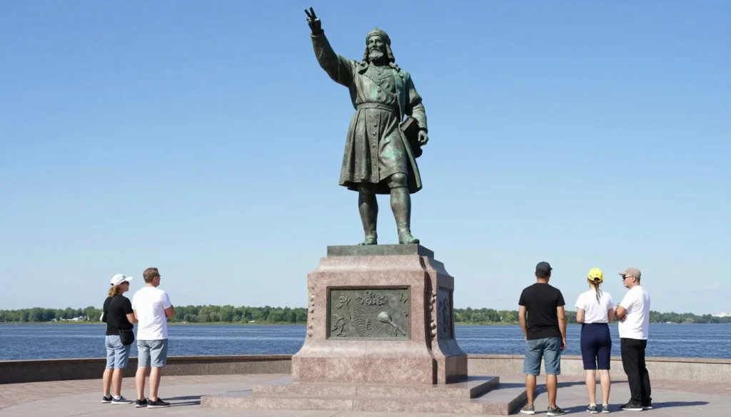 Monument to Afanasy Nikitin on Volga River embankment with tourists viewing