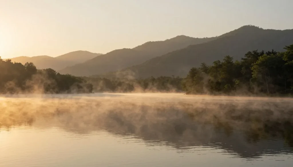 Morning view of Cherokee Lake Tennessee with mist rising from calm water