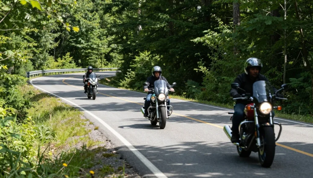 Motorcyclists on curved section of Cherohala Skyway with forest on both sides