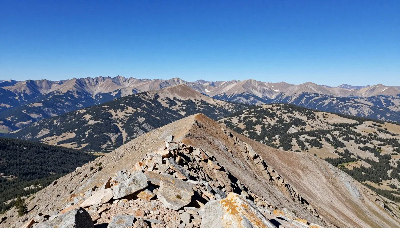 Mount Blue Sky summit with panoramic mountain views and clear blue sky
